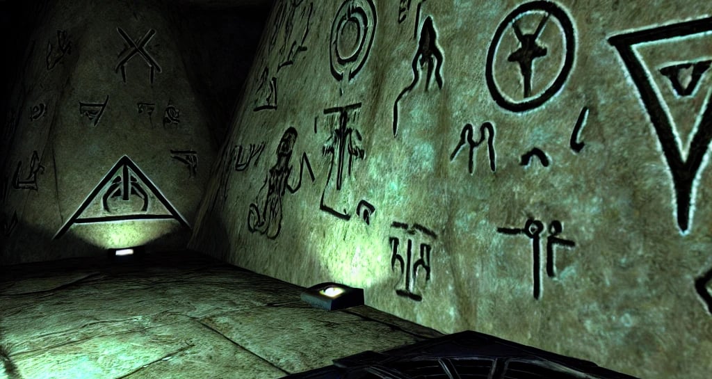 A dark, eerie cavern deep within Agartha, with glowing alien symbols carved into the stone walls an