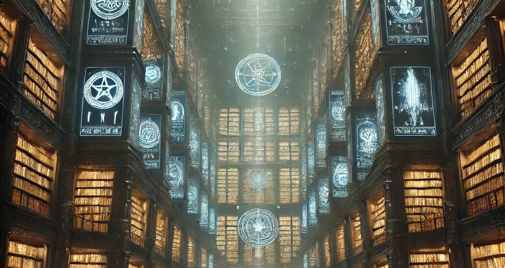 A grand Hall of Records deep within Agartha, filled with towering shelves of glowing ancient records