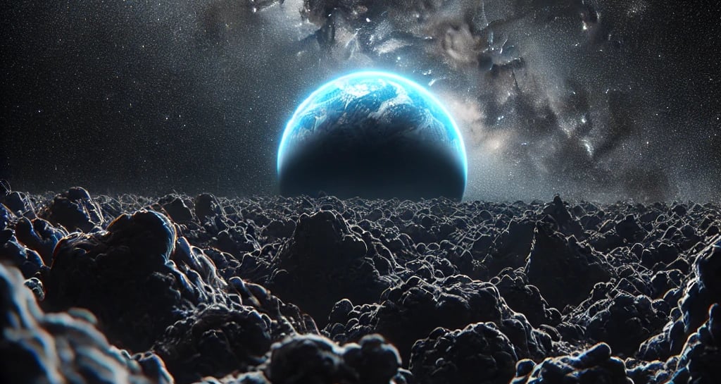 A wide view of black matter in the foreground, dark and dense, with a distant, small, bright blue 