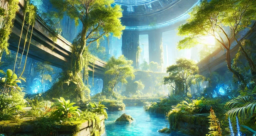 A vibrant image of the ancient underground city of Agartha, focusing on