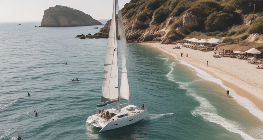 boat with peoples sailing on body of water with island background