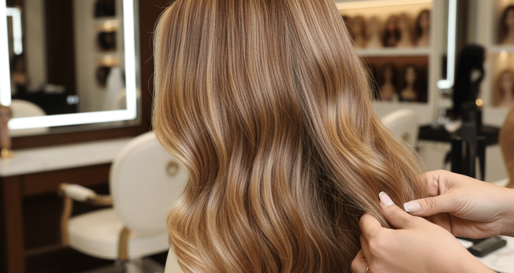 a woman is getting her hair styled by a hairdressuck
