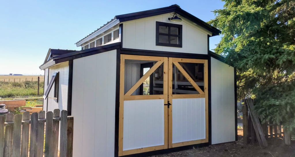 Front of custom rabbit barn with swing open front doors, security light. El Paso County, near Colorado Springs.