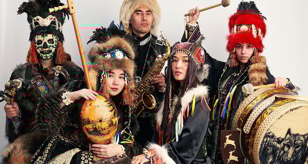 Some of the members of the Siberian Folk band, Otyken, pose for a picture