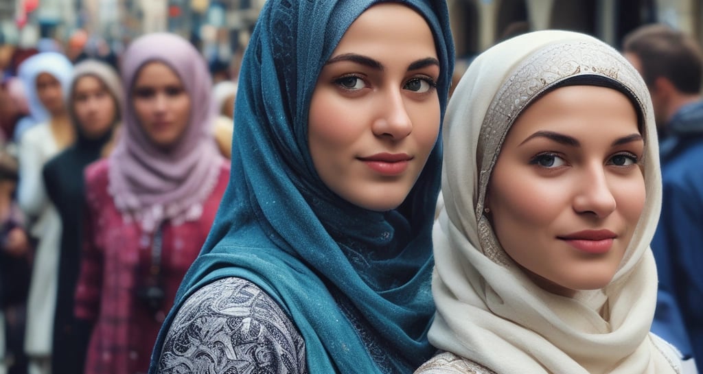 A woman is wearing a golden hijab adorned with an elegant tiara and intricate jewelry. Her attire features gold embellishments that complement the detailed accessories, and she is smiling warmly.