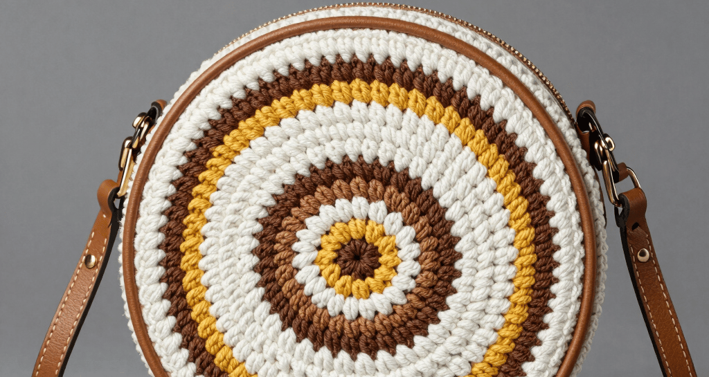 Artisan hands carefully finishing details on a custom crochet bag in pastel colors.
