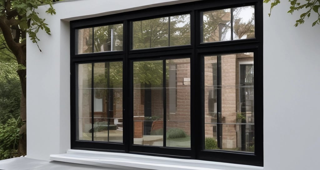 A traditional wooden-framed window with intricate detailing set against a backdrop of a brick wall. The window features multiple glass panes and decorative metallic knobs. Near the lower left corner, a small green tree adds a touch of nature.