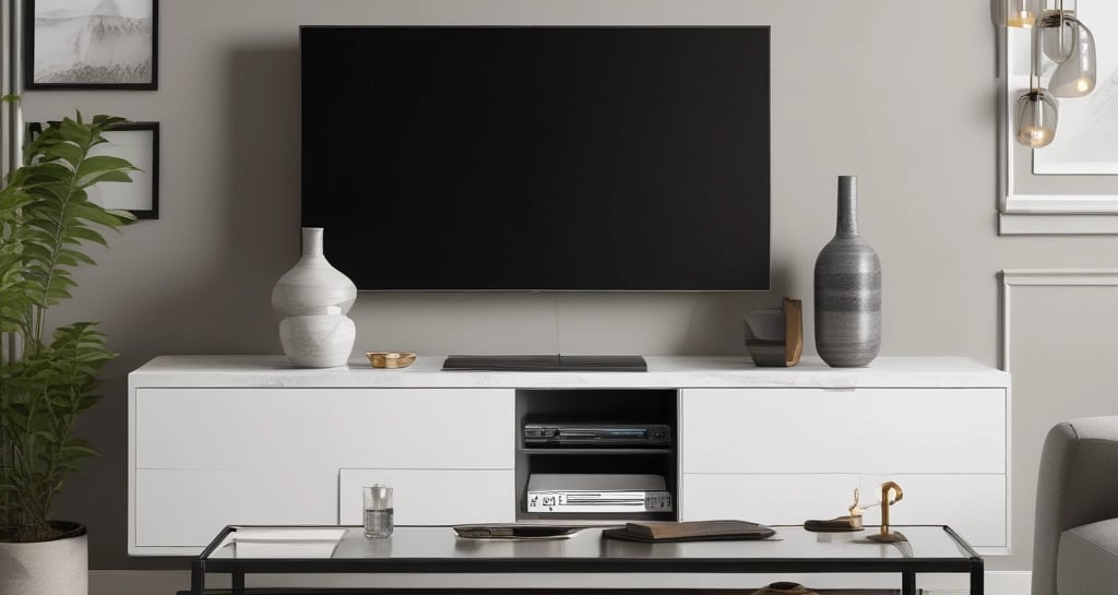 A modern home office setup features a black gaming chair on the left. An acoustic wall panel holds headphones and magazines. A wooden door is centrally placed, and next to it is a black metal shelf with a speaker and some decorative items. Greenery-themed art is displayed on a monitor, with a desk microphone in the foreground.