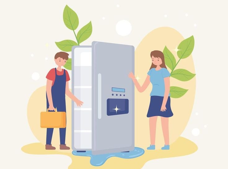 a man and woman standing in front of a refrigerator