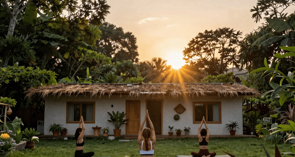 A serene yoga session at dawn surrounded by lush tropical plants and stone pathways.