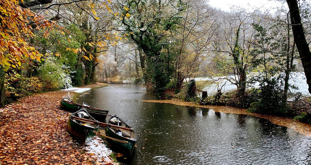 A winter view of canoes on the Monmouthshire and Brecon canal near Bridge 76 Adventures