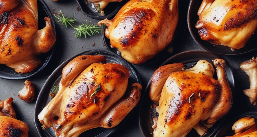 Roasted poultry items, including yellow chickens and brown ducks, are displayed hanging inside a glass case in a food setting. Menu signage and advertisement visuals are visible below the display, with cooking equipment in the background.