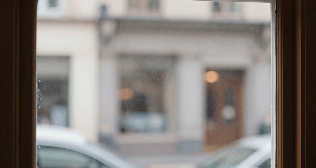 A sparkling storefront window with a bright gold and pink logo for Clearstreak Window Cleaning.