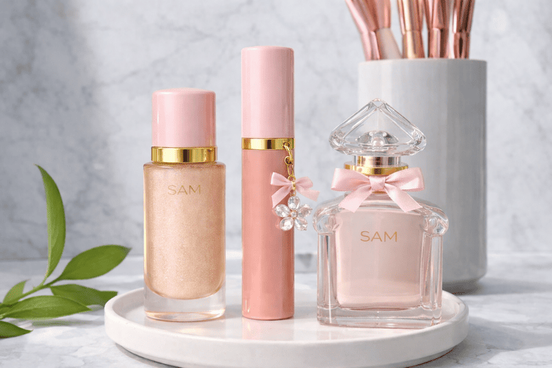 Set elegante de maquillaje SAM Cosméticos con iluminador y labial en tonos rosa y dorado.
