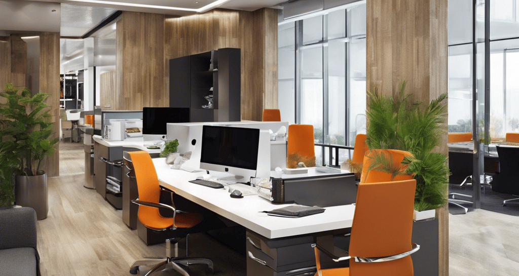 a modern office with a large desk and a computer