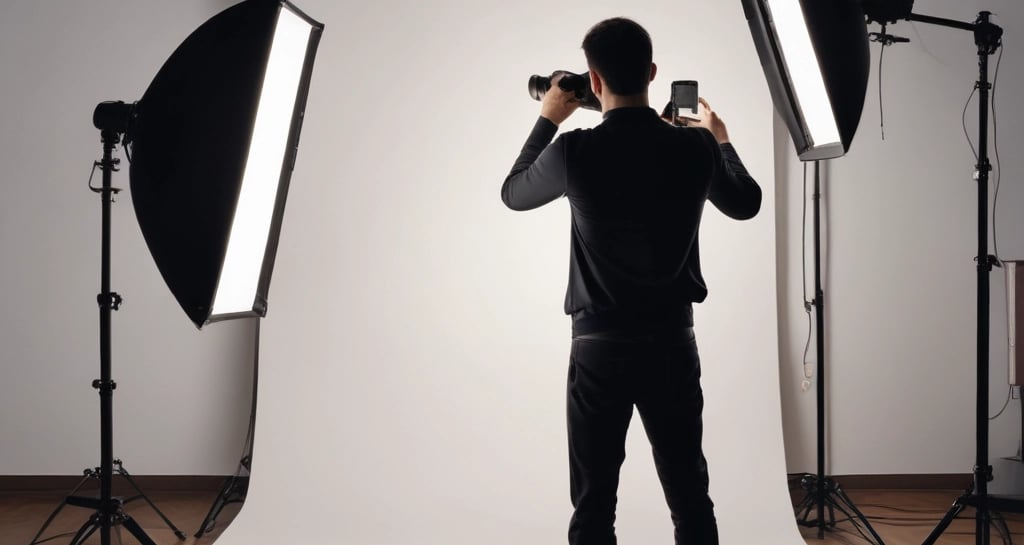 A black and white image of a person with long hair sitting on the floor and holding a camera, capturing a photograph in a studio setting. The person is wearing a T-shirt with text on the back and is positioned in front of a white backdrop. Lighting equipment is visible around the setting.