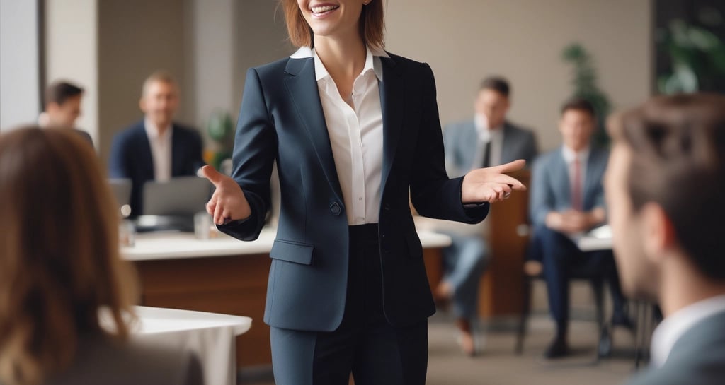 A person with long braided hair is wearing a light blue blazer over a white shirt and dark pants. They are standing in front of a background that includes branding for Beauty Point College. There is a seated audience and tables with bottled drinks in the background.