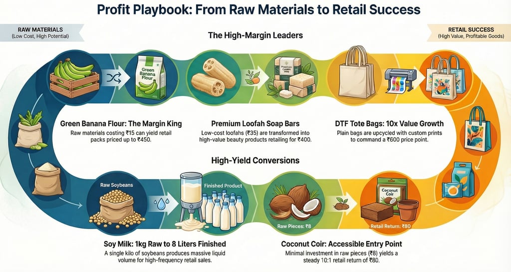 Infographic showing profit margins for converting raw materials like soybeans and coconuts into retail products.
