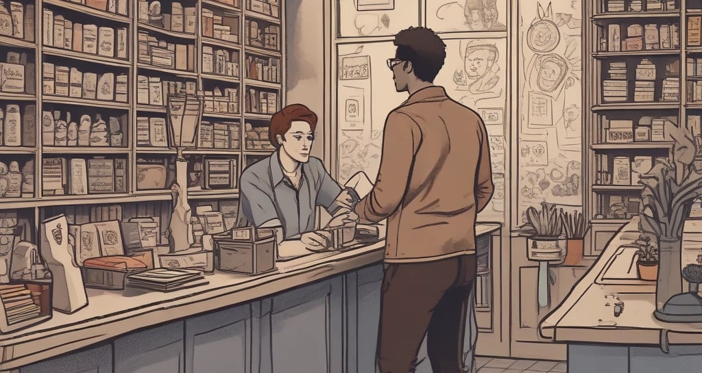 a man is standing in a store with a woman