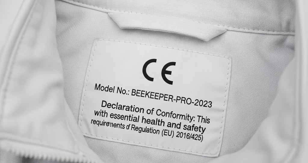 CE marking and EU Declaration of Conformity label on a beekeeping suit