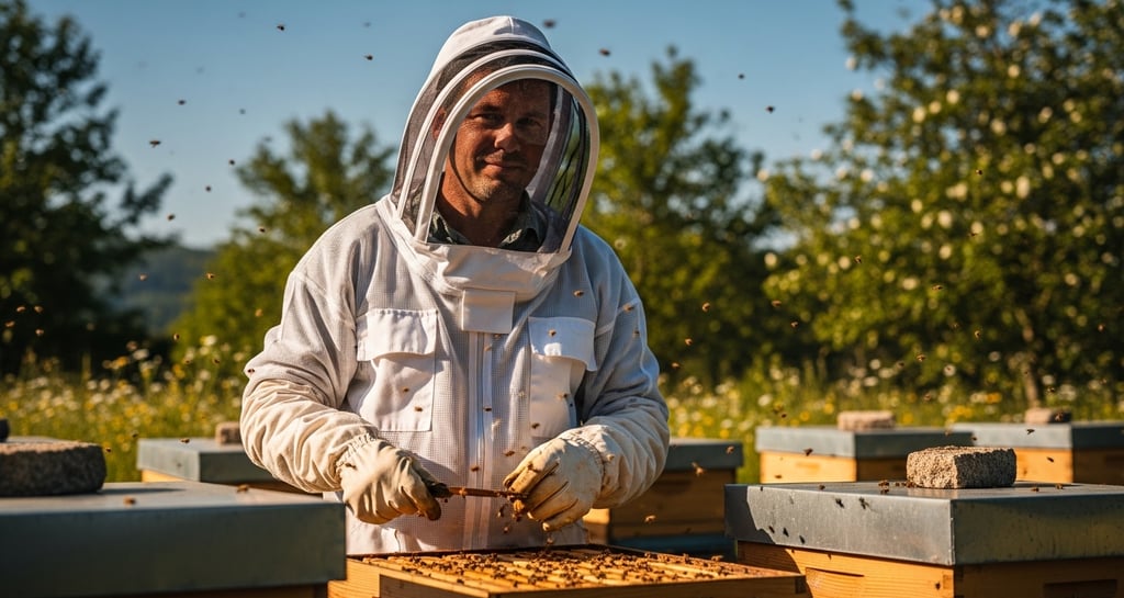 Certified PPE beekeeping suit providing sting protection during hive work