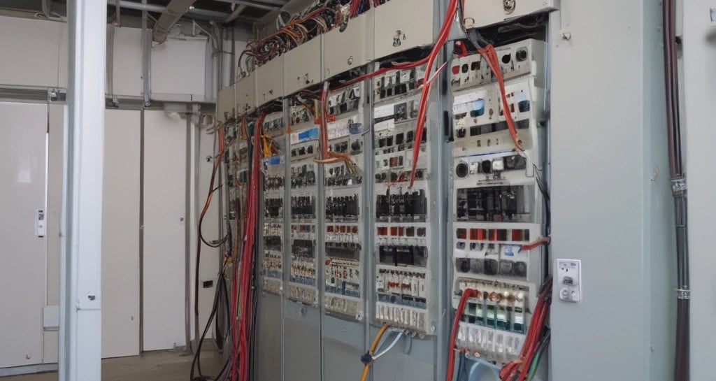Two red electrical devices are mounted on a black corrugated metal wall, connected by a series of cables. The setup includes several black wires attached to the devices and a metal rack supporting the components.