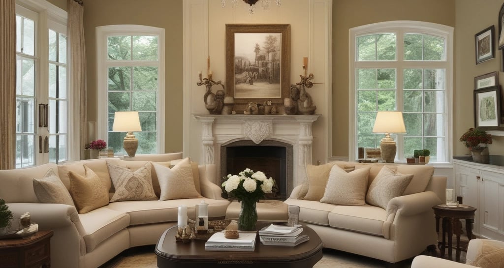 A cozy living room with modern furniture and warm lighting.