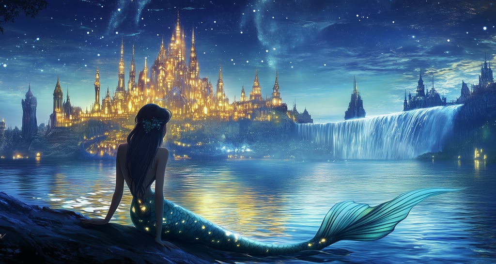 bioluminiscent mermaid sitting at the edge of a saltwater laggon