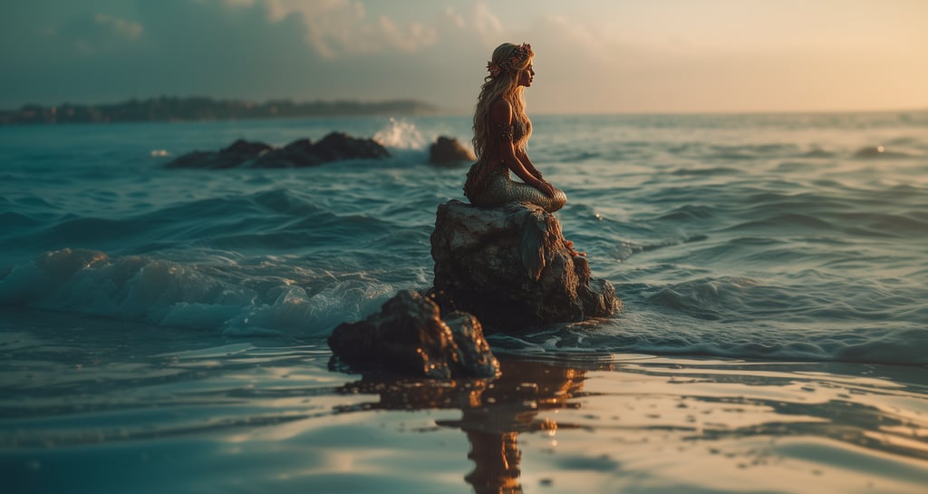 mermaid siting on a shoreline rock watching the sun set 
