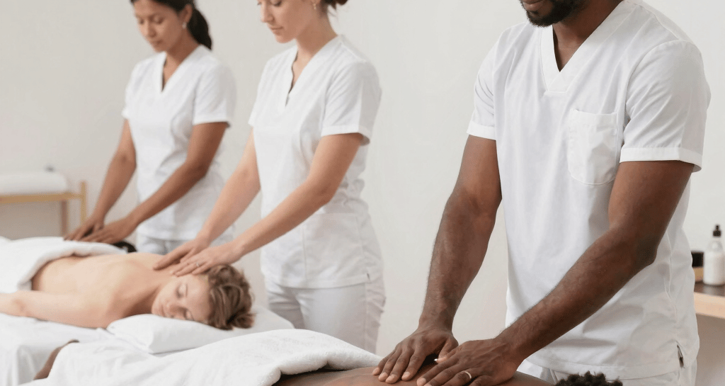 A softly lit massage room with a neatly arranged table and calming decor.