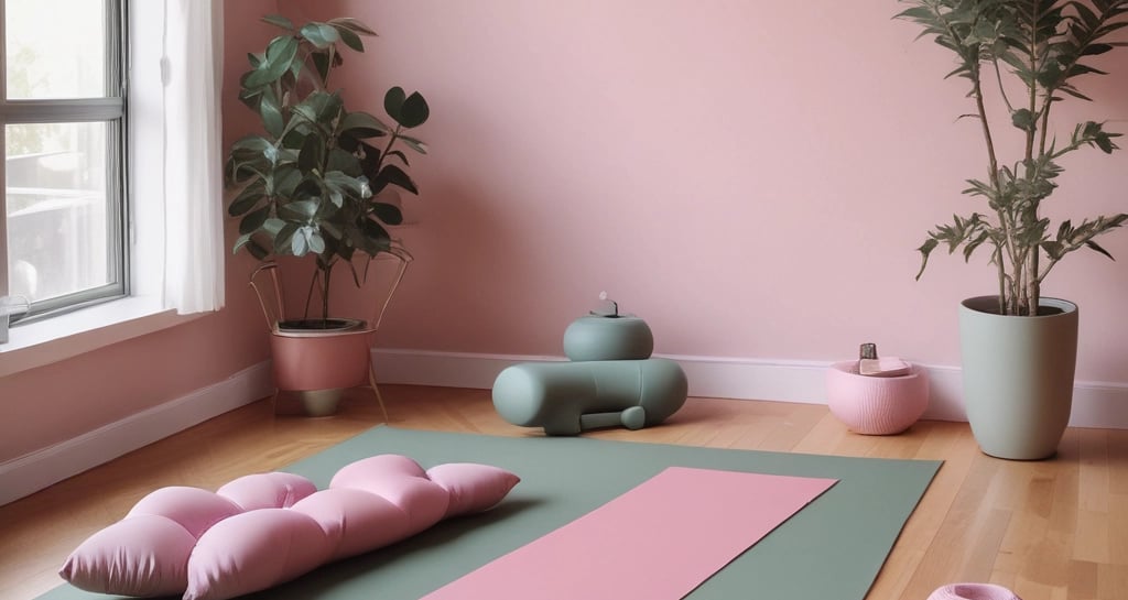 A woman in soft pink workout clothes stretching outdoors with a gentle sunrise in the background.