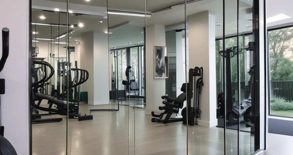 Polished glass cabinet doors revealing neatly arranged fine china inside a high-end residence.
