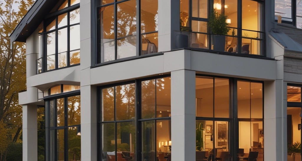 Close-up of a sparkling clean window reflecting a manicured garden in a luxury home.