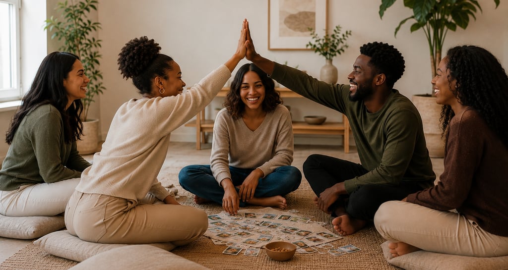 A group of diverse friends laughing and playing a board game on the floor in a cozy, modern living room.