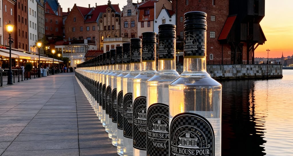 A row of The House Pour vodka bottles along the Gdansk riverside at sunset near the Crane.