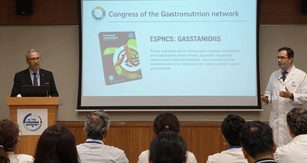 International academic conference with diverse experts discussing gastronomy and nutrition.