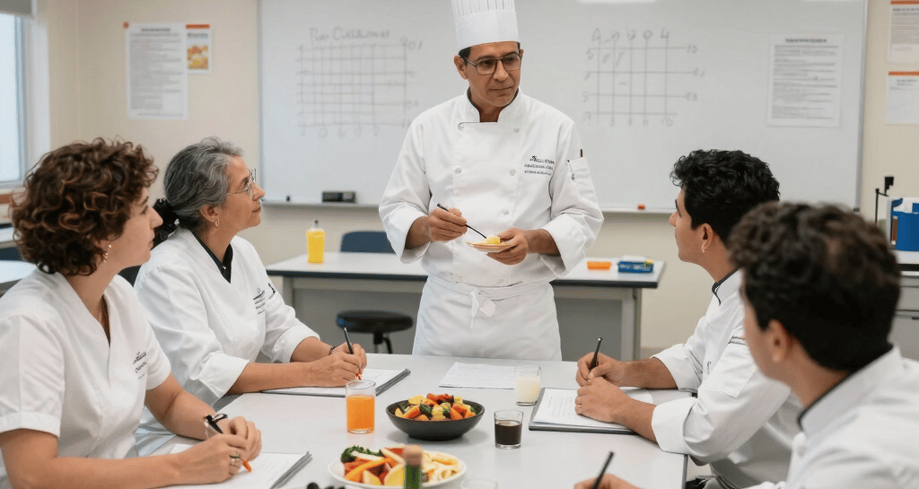 A group of international researchers collaborating around a table with scientific papers and laptops.