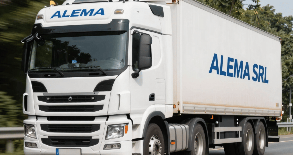 A delivery truck branded with Alema SRL logo departing the logistics center.