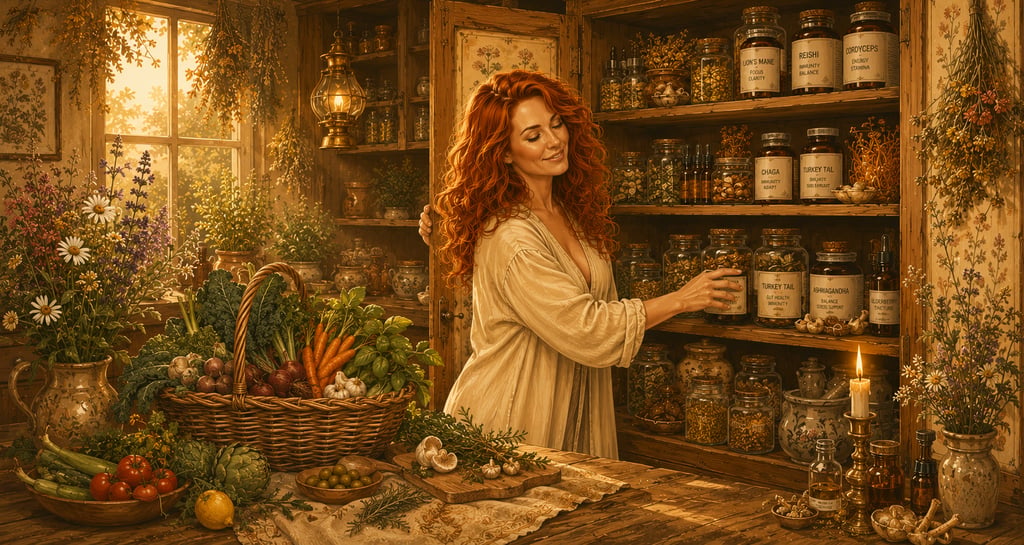 Illustrated red-haired woman in cream robe selecting mushroom supplement jars from an apothecary cup
