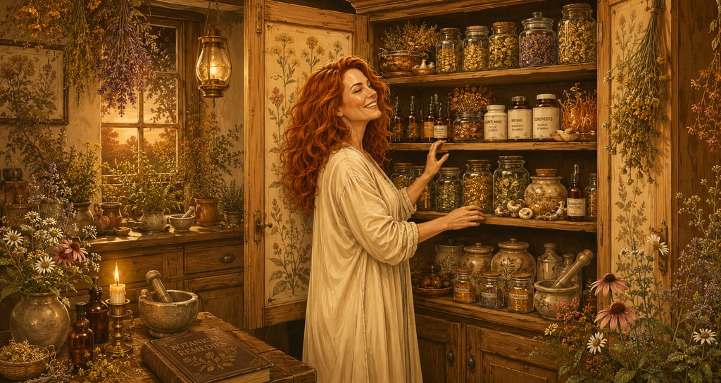 A smiling herbalist organizes glass jars of dried botanical remedies and medicinal mushrooms in a rustic wooden apothecary.