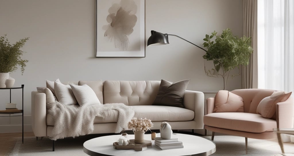 Photorealistic 3D interior render of a modern living room with natural light