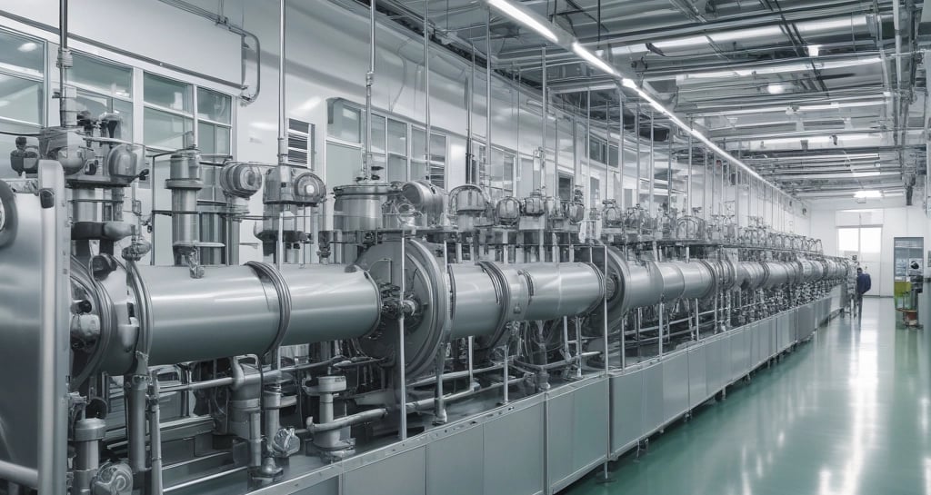 Close-up of advanced pharmaceutical machinery in operation at jbmediniva.com factory.