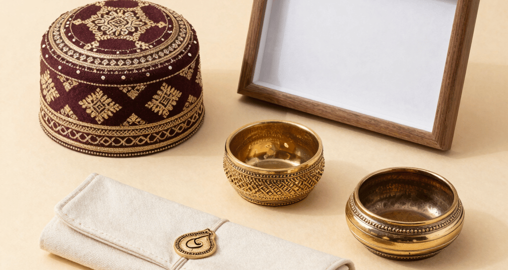 A charming arrangement of accessories including scarves, jewelry, and a classic novel on a wooden table.