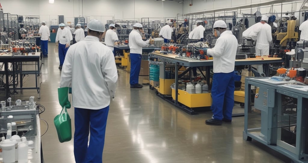 Photograph of Varad Industries' manufacturing floor with technicians handling chemical intermediates.