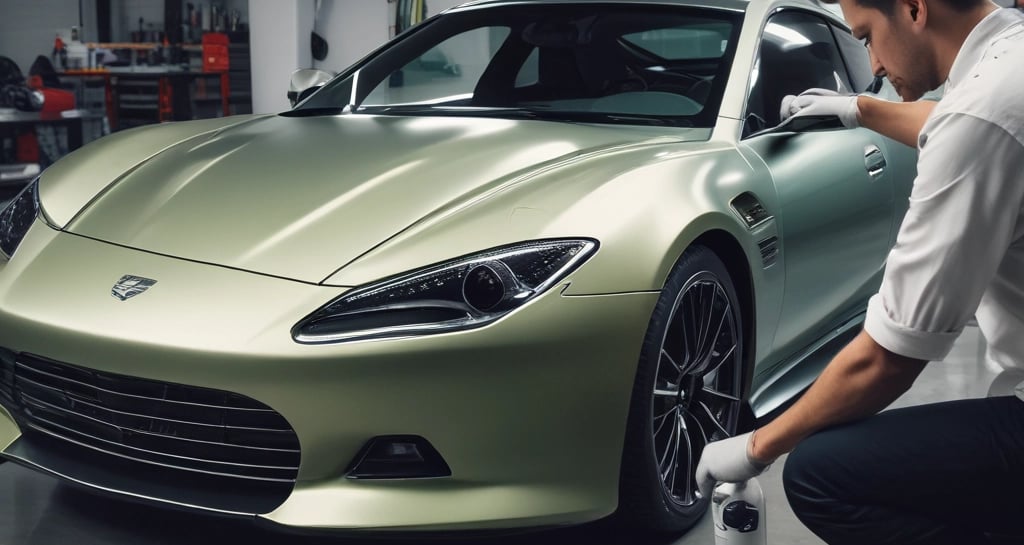 A sleek black luxury sports car gleaming under city lights, highlighting its polished curves.