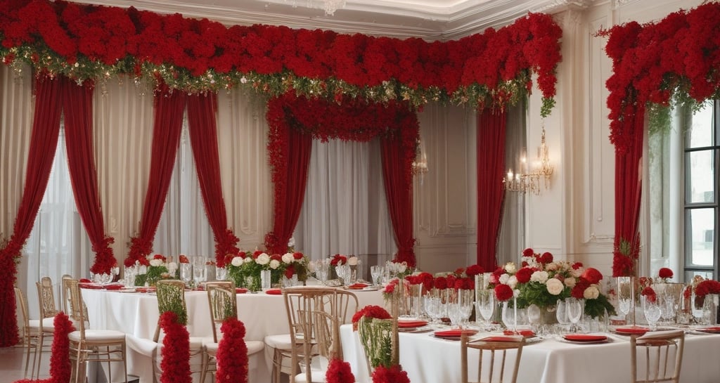 An outdoor celebration scene with guests enjoying under string lights and floral centerpieces.