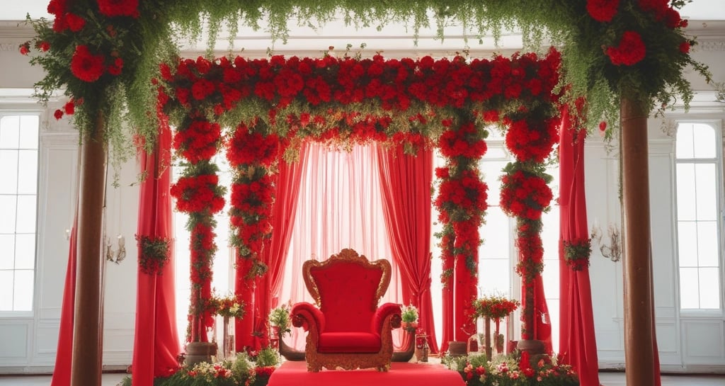 A beautifully decorated wedding venue with colorful floral arrangements and elegant lighting.