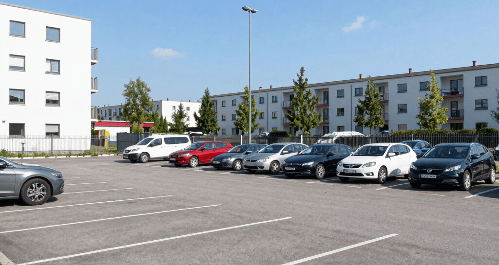 Parking area with spaces for buses and cars, surrounded by greenery.