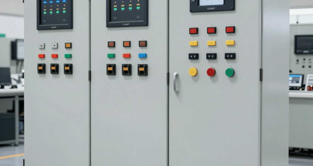 A high-tech industrial automation control panel installed in a modern factory setting.
