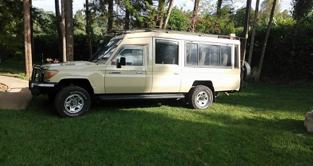 Toyota Land Cruiser safari vehicle parked outside client's accommodation
